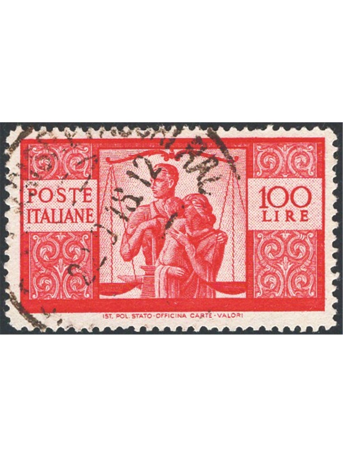 Italia 1946 Democratica 100 £ carminio vivo I lastra carta bianca 13,90x13,30 posizione di filigrana “NS” Sass. Spec. n° 24a Cer