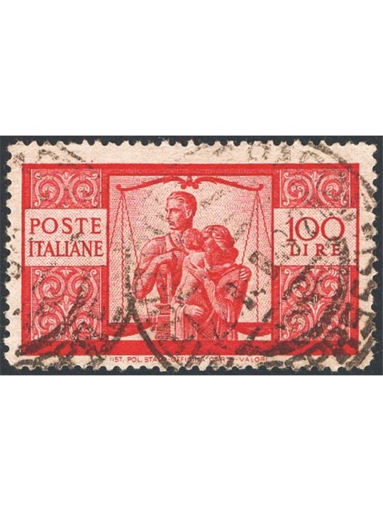 Italy 1946 Democratic Republic 100 £ dark carmine II sheet grey paper perforated 14x13¼ (13.90x13.30) “NS” watermark position Sa