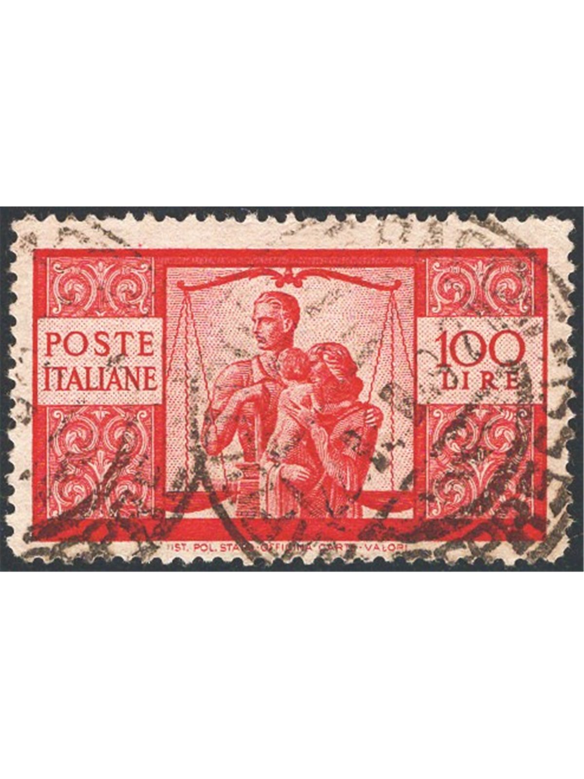 Italia 1946 Democratica 100 £ carminio scuro II lastra carta grigia dent. 14x13¼ (13,90x13,30) posizione di filigrana “NS” Sass.