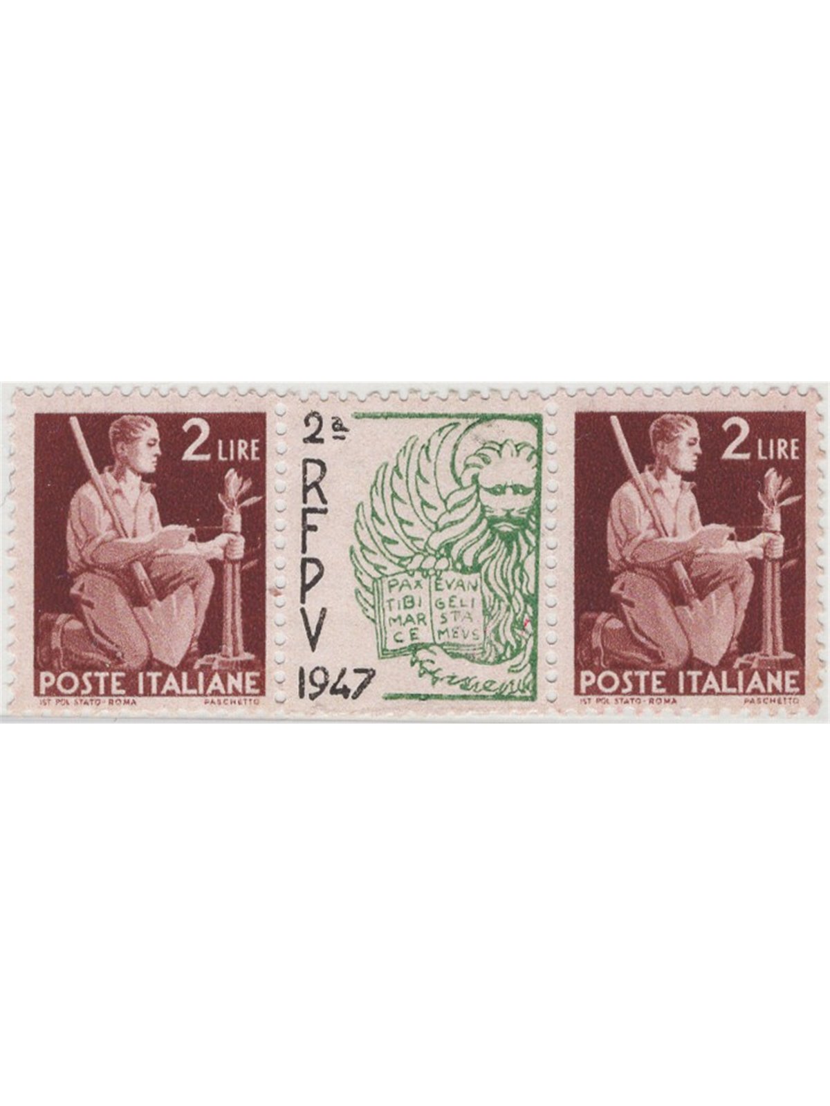 Italy 1947 Philatelic Exhibitions Venice Democratica 2 £ in a pair with a space between them dedicated to the Venice Philatelic 
