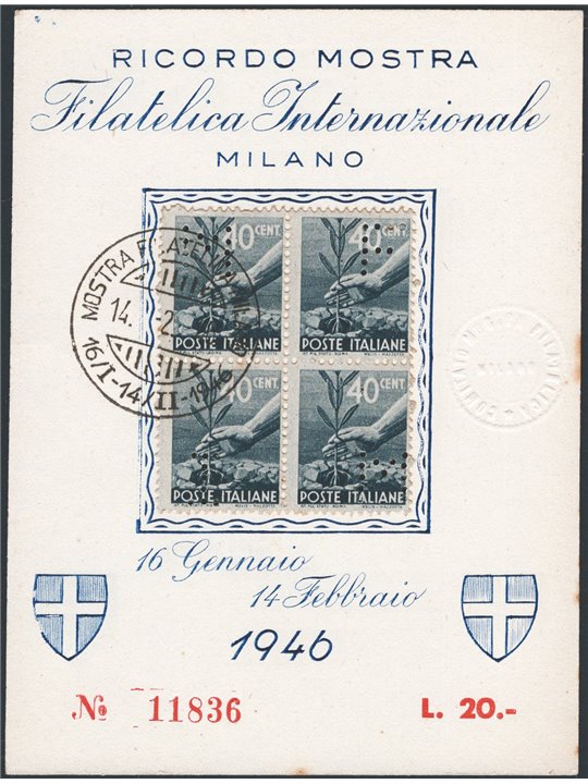 Italy 1946 Commemorative card from the Milan Philatelic Exhibition franked with a block of four 40 c. ‘Democratica’ stamps and b