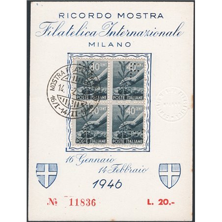 Italia 1946 Cartoncino ricordo della Mostra Filatelica di Milano affrancato con quartina del 40 c. Democratica e con perforazion