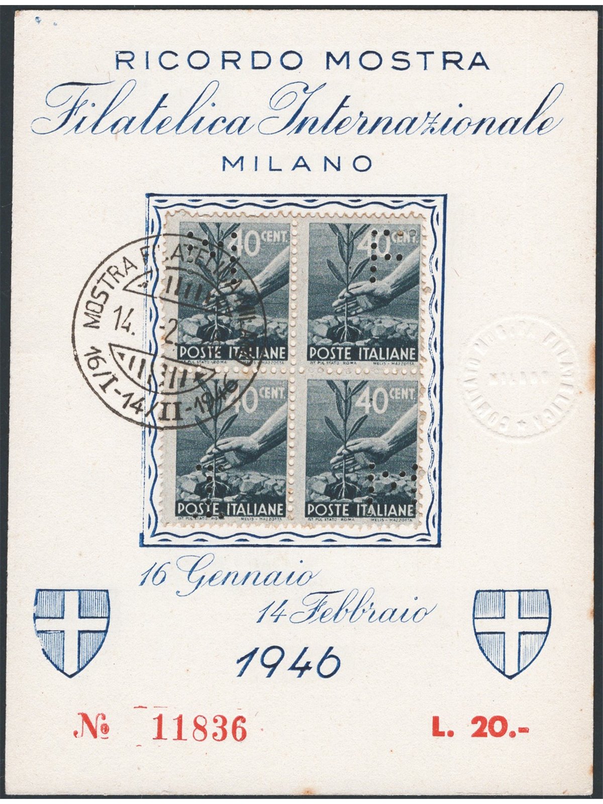 Italia 1946 Cartoncino ricordo della Mostra Filatelica di Milano affrancato con quartina del 40 c. Democratica e con perforazion