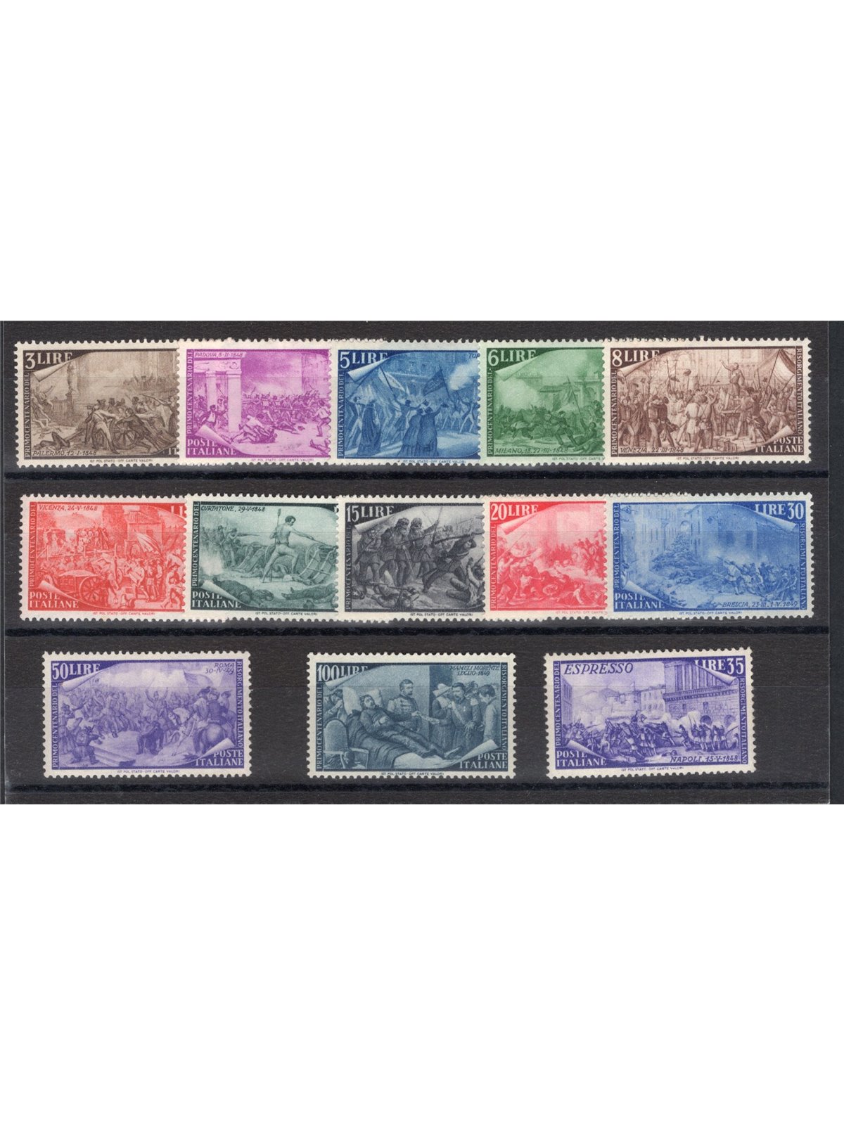 Italia 1948 Risorgimento serie n° 580/91 + Ex 32 ottima centratura Cert. Biondi Cat. € 1.050 (**)