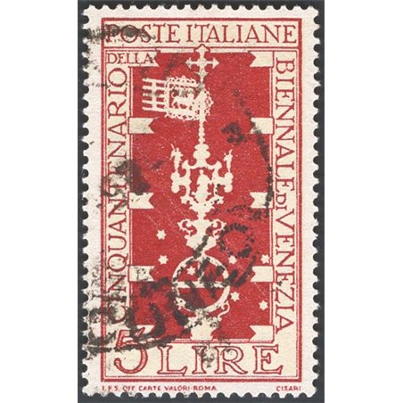 Italia 1949 Biennale di Venezia 5 £ rosso bruno con varietà otto stelle anziché sette (n° 42 del 3° gruppo da 50) n° 594a Cat. €