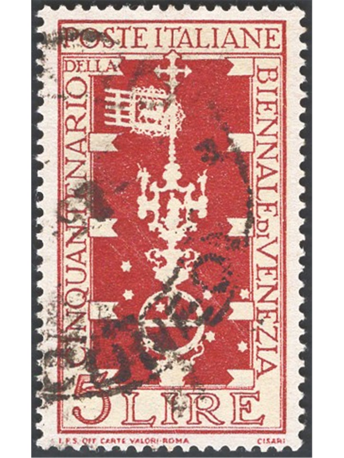 Italia 1949 Biennale di Venezia 5 £ rosso bruno con varietà otto stelle anziché sette (n° 42 del 3° gruppo da 50) n° 594a Cat. €