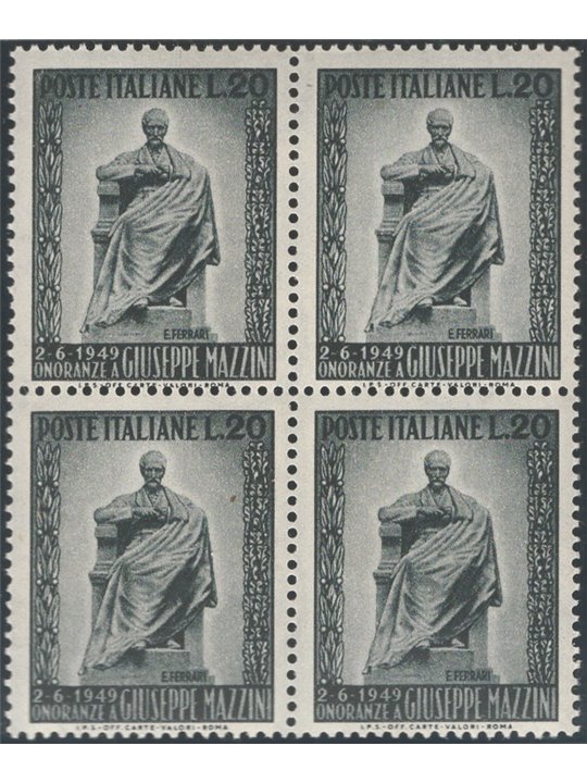 Italia 1949 Mazzini 20 £ n° 604 in quartina Cat. € 65 (**)