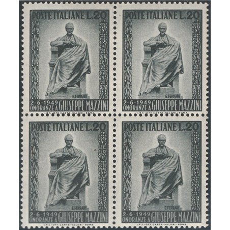 Italia 1949 Mazzini 20 £ n° 604 in quartina Cat. € 65 (**)
