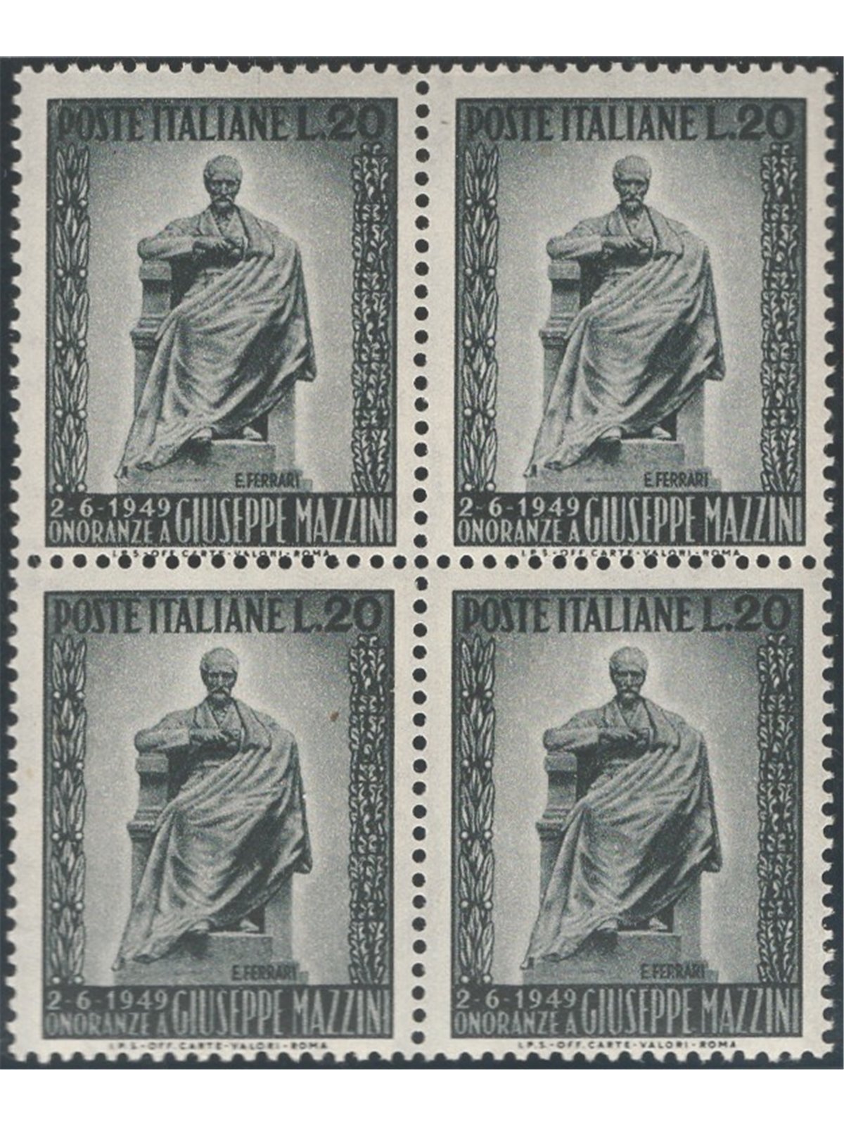 Italia 1949 Mazzini 20 £ n° 604 in quartina Cat. € 65 (**)
