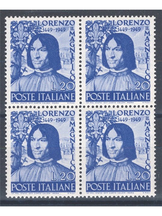 Italia 1949 Lorenzo il Magnifico n° 608 in quartina Cat. € 62 (**)