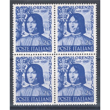 Italia 1949 Lorenzo il Magnifico n° 608 in quartina Cat. € 62 (**)