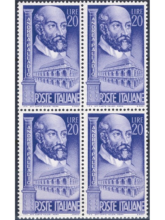 Italia 1949 Palladio 20 £ violetto n° 609 in quartina Cat. € 85 (**)