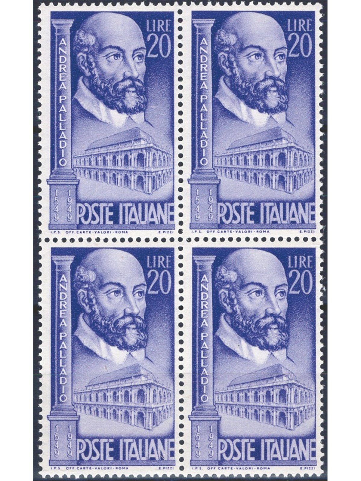 Italia 1949 Palladio 20 £ violetto n° 609 in quartina Cat. € 85 (**)
