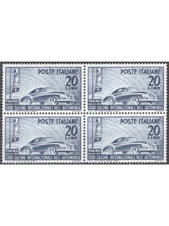 Italia 1950 Salone dell'Auto di Torino 20 £ violetto grigio in quartina n° 617 Cat. € 62 (**)