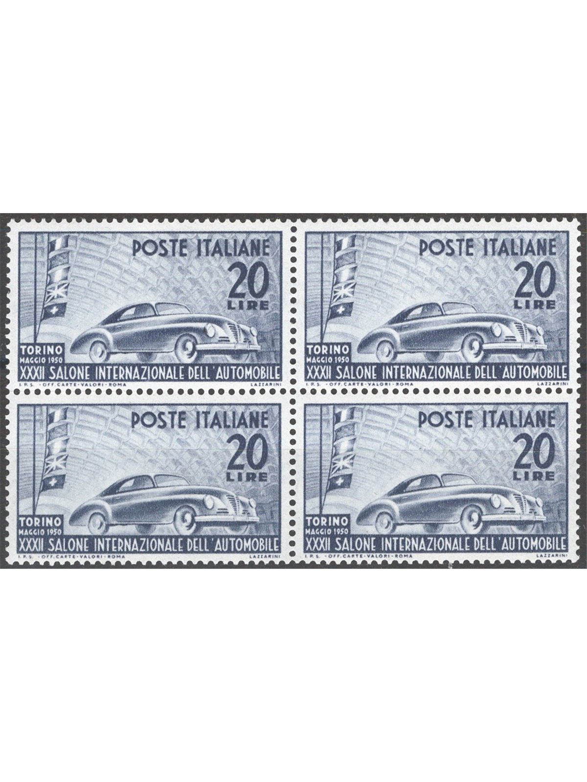 Italia 1950 Salone dell'Auto di Torino 20 £ violetto grigio in quartina n° 617 Cat. € 62 (**)
