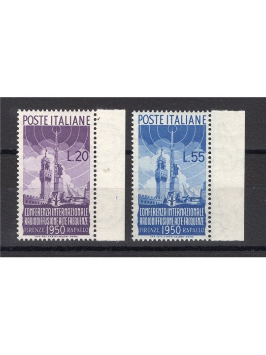 Italia 1950 Radiodiffusione serie n° 623/24 bordo di foglio con ottima centratura Cert. Bolaffi Cat. € 390 (**)