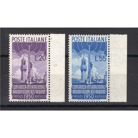 Italia 1950 Radiodiffusione serie n° 623/24 bordo di foglio con ottima centratura Cert. Bolaffi Cat. € 390 (**)