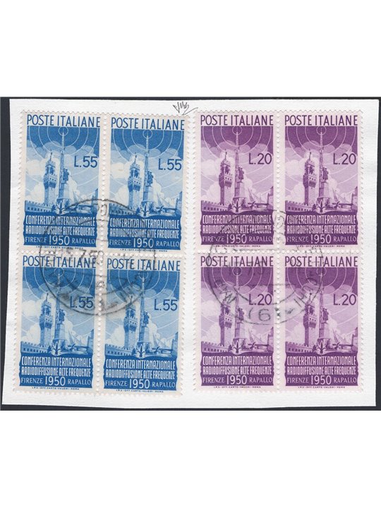 Italy 15/7/1950 Broadcasting in a block of four with first-day cancellation on a fragment No. 623/24 certified by CiBaFil Cat. €