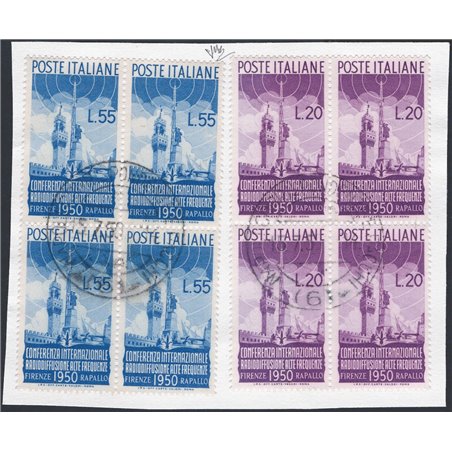 Italia 15/7/1950 Radiodiffusione in quartina con annullo 1° giorno su frammento n° 623/24 Cert. CiBaFil Cat. € 1.400 (Fr)