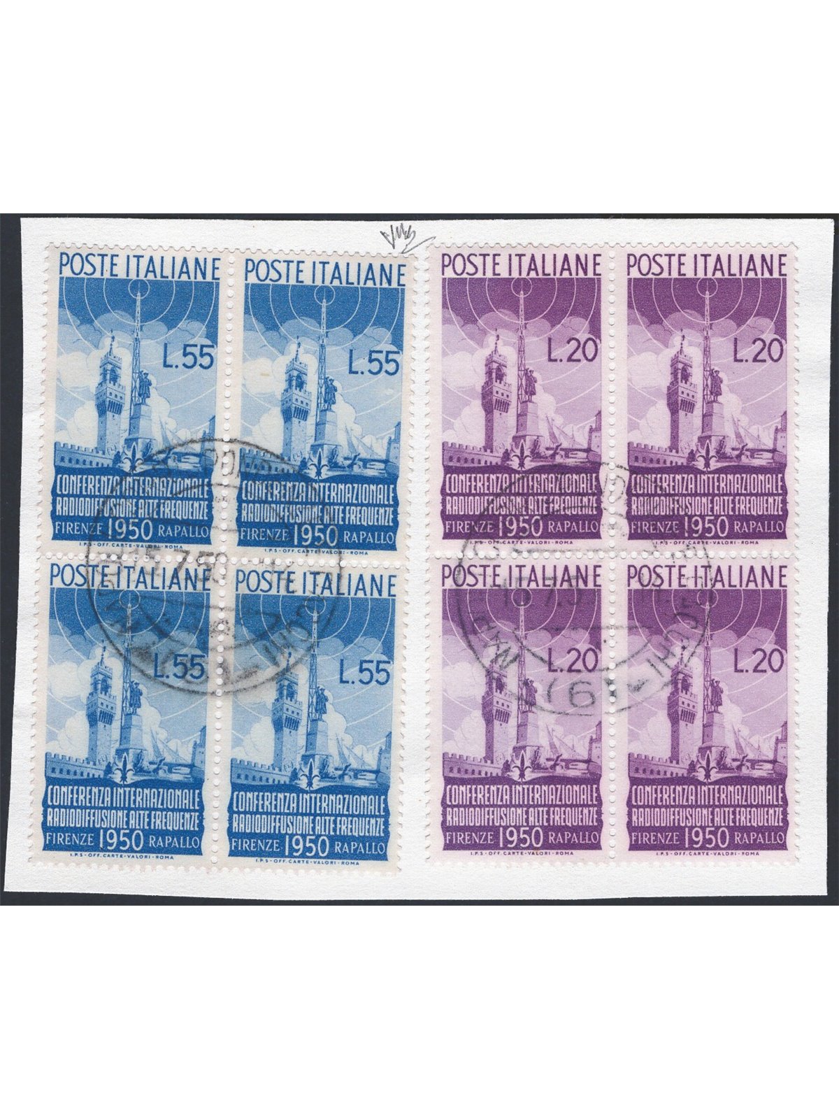 Italy 15/7/1950 Broadcasting in a block of four with first-day cancellation on a fragment No. 623/24 certified by CiBaFil Cat. €