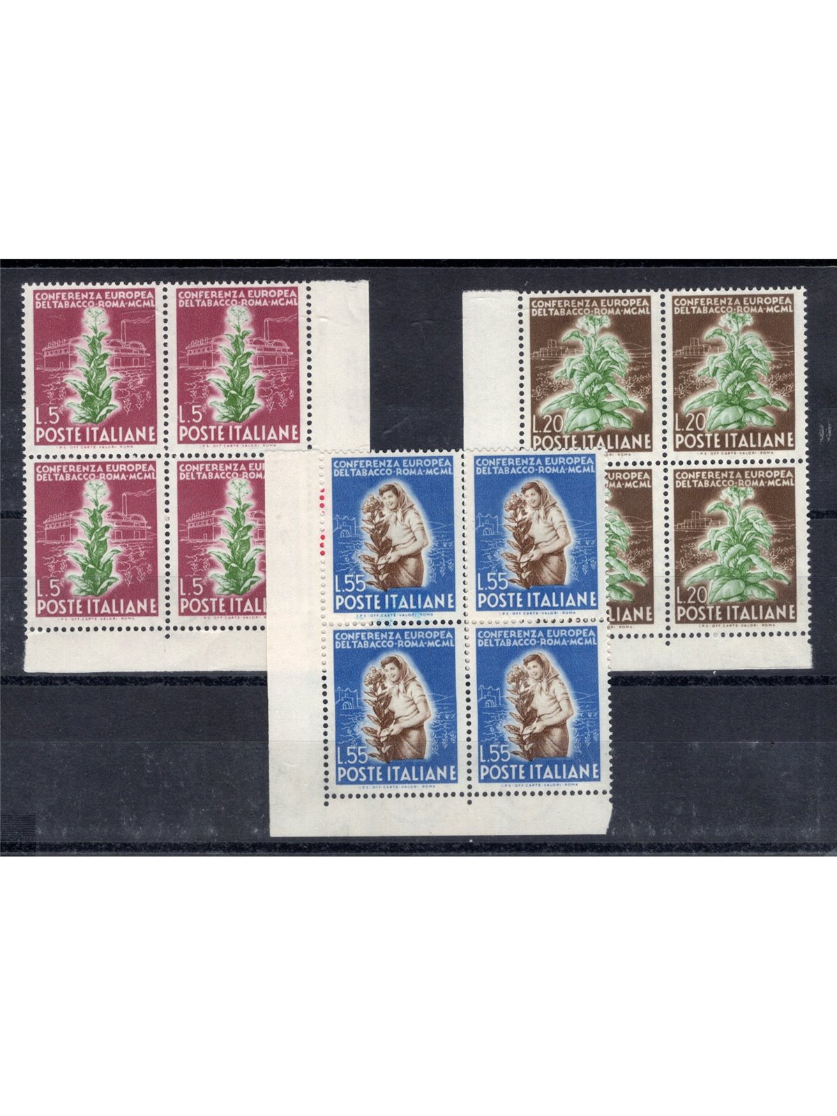 Italia 1950 Tabacco serie n° 629/31 in quartina d'angolo Cert. CiBaFil Cat. € 500 (**)