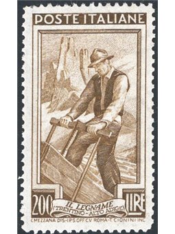 Italia 1958 Italia al lavoro 200 £ bruno oliva dent. 13¼x13¼ (13,30x13,30) posizione “DB” 652/II. Firm. G. Carraro Chia Raybaudi