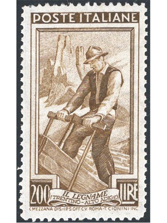 Italy 1958 ‘Italia al Lavoro’ 200 £ olive-brown perforation 13¼x13¼ (13.30x13.30) ‘DB’ position 652/II. Signed G. Carraro Chia R