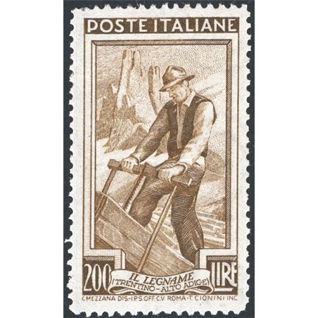 Italia 1958 Italia al lavoro 200 £ bruno oliva dent. 13¼x13¼ (13,30x13,30) posizione “DB” 652/II. Firm. G. Carraro Chia Raybaudi