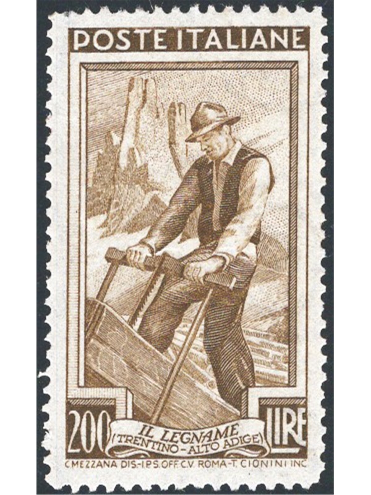 Italy 1958 ‘Italia al Lavoro’ 200 £ olive-brown perforation 13¼x13¼ (13.30x13.30) ‘DB’ position 652/II. Signed G. Carraro Chia R