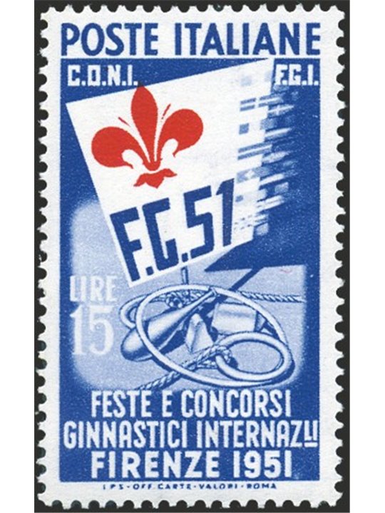 Italia 1951 Ginnici 15 £ oltremare e rosso con giglio fortemente spostato a sinistra n° 663C Cert. Biondi Cat. € 2.000 (**)