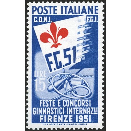 Italia 1951 Ginnici 15 £ oltremare e rosso con giglio fortemente spostato a sinistra n° 663C Cert. Biondi Cat. € 2.000 (**)