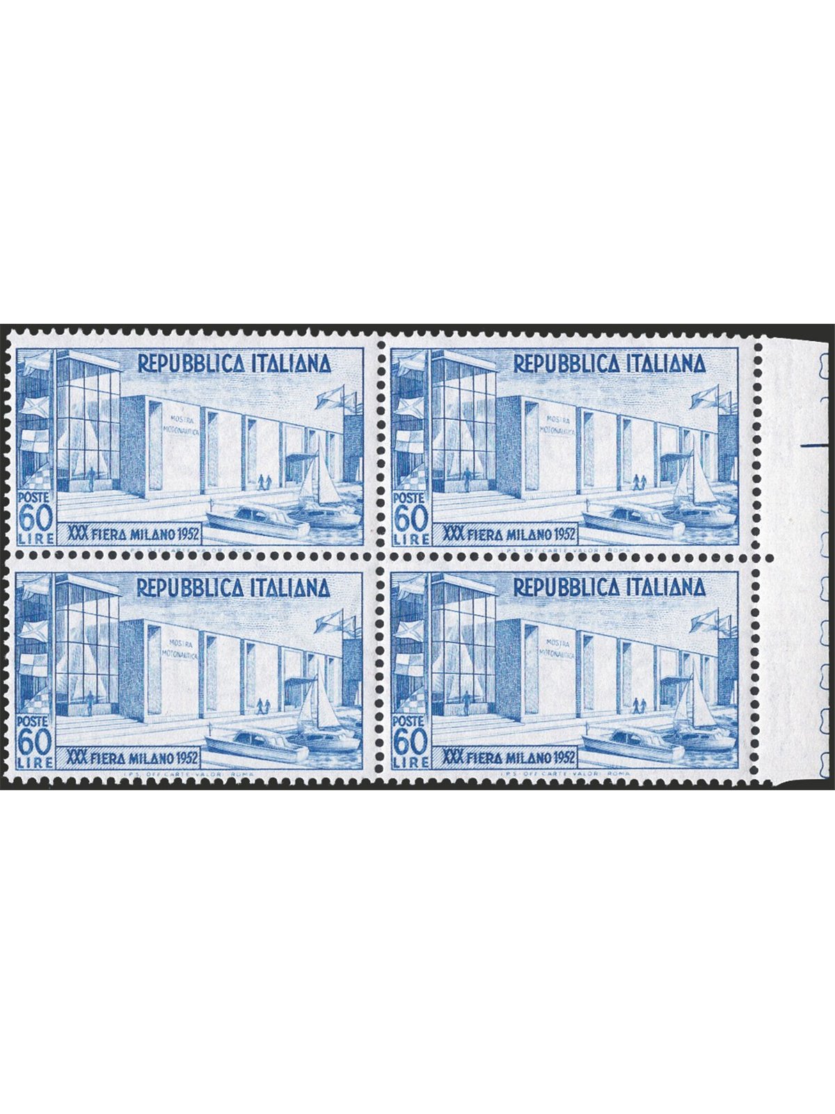 Italia 1952 Fiera di Milano 60 £ azzurro n° 685 in quartina Cert. CiBaFil Cat. € 300 (**)