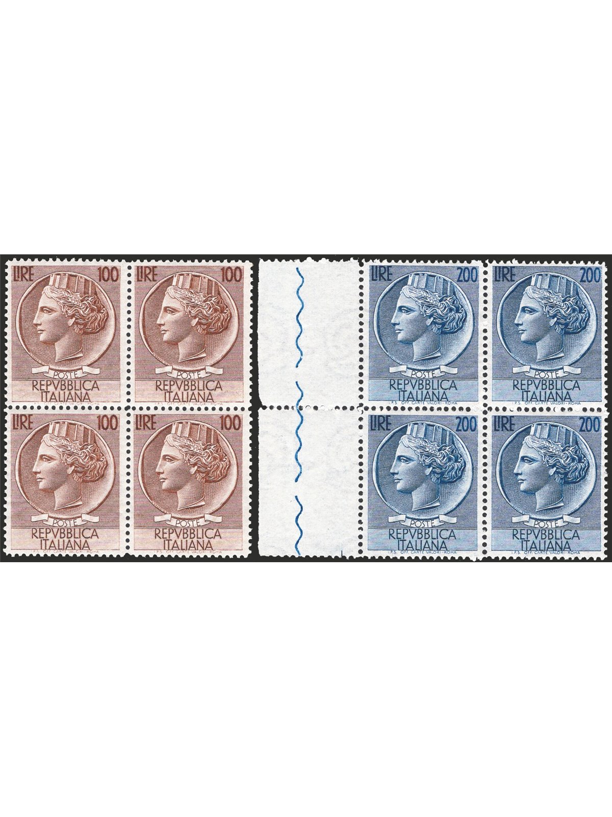Italy 1954 Turrita large format wheel watermark series no. 747/48 in a block of four CiBaFil cert. Cat. €750 (**)