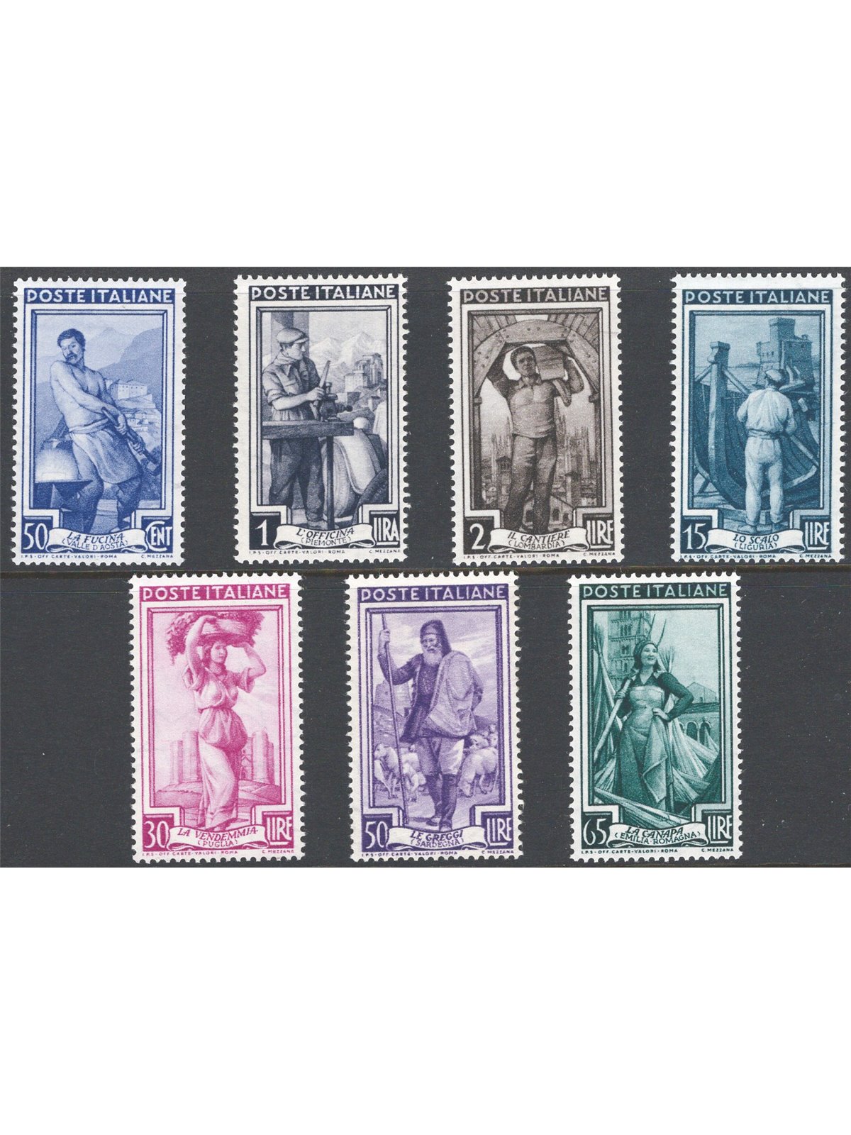 Italy 1955/57 ‘Italy at Work’ with star watermark series no. 754/60 Cat. €150 (**)