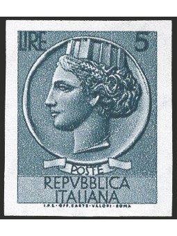 Italy 1955 ‘Italy’ Turrita 5 £ grey star watermark 1st issue imperforated and unlisted (no. 762) IC certified (**)