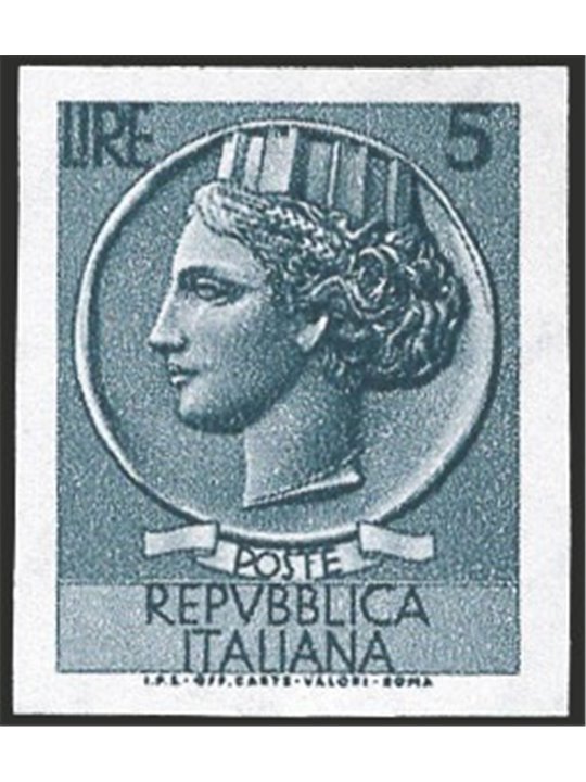 Italy 1955 ‘Italy’ Turrita 5 £ grey star watermark 1st issue imperforated and unlisted (no. 762) IC certified (**)