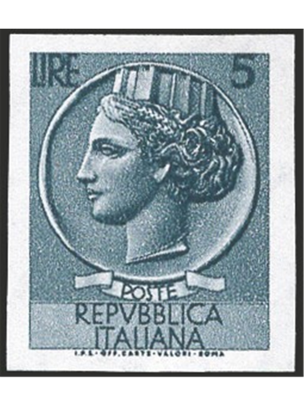 Italy 1955 ‘Italy’ Turrita 5 £ grey star watermark 1st issue imperforated and unlisted (no. 762) IC certified (**)