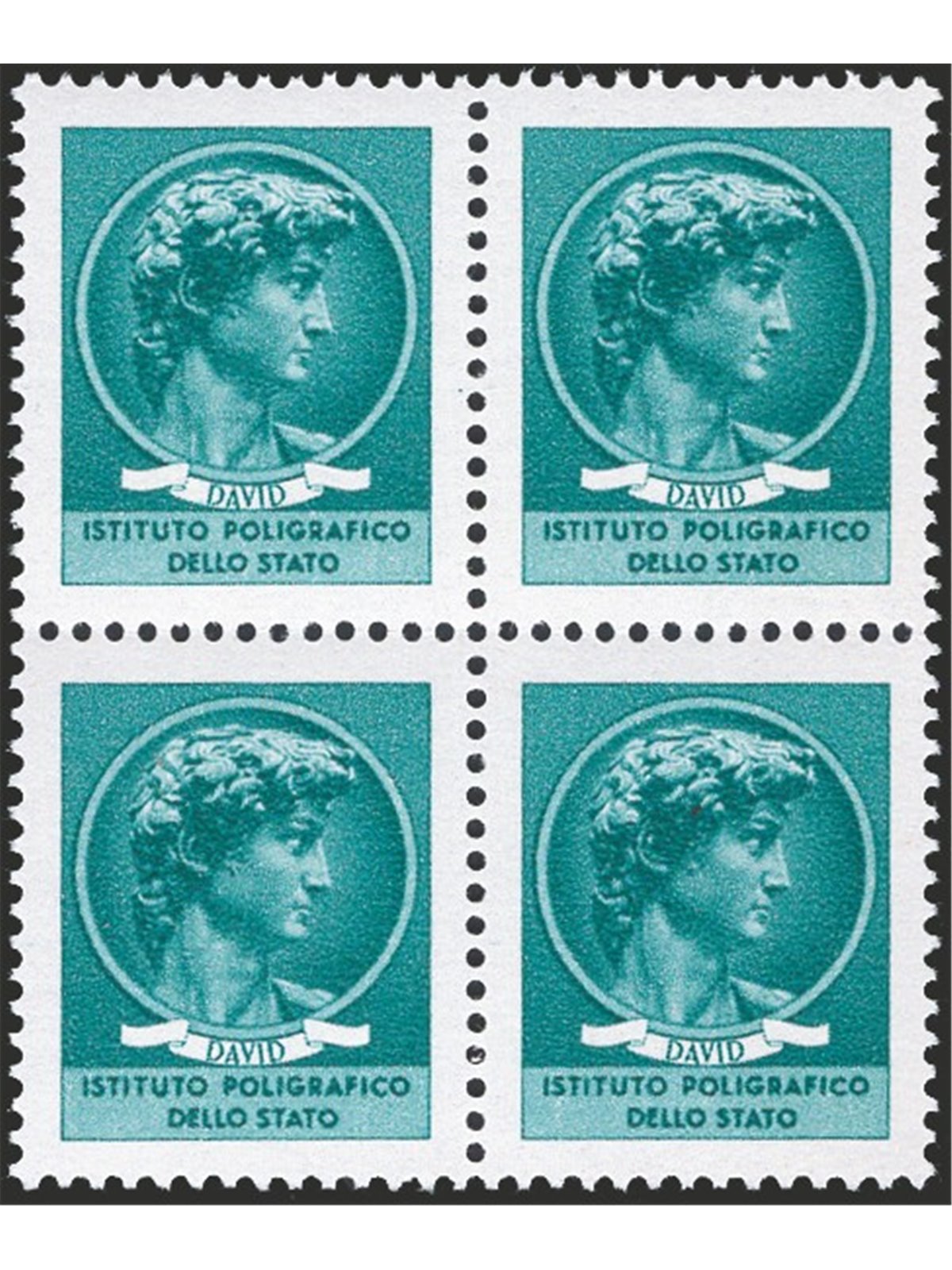 Italia 1965 David di Michelangelo saggio in verde Sass. Spec. n° P.105 in quartina Cat. € 300+ (**)