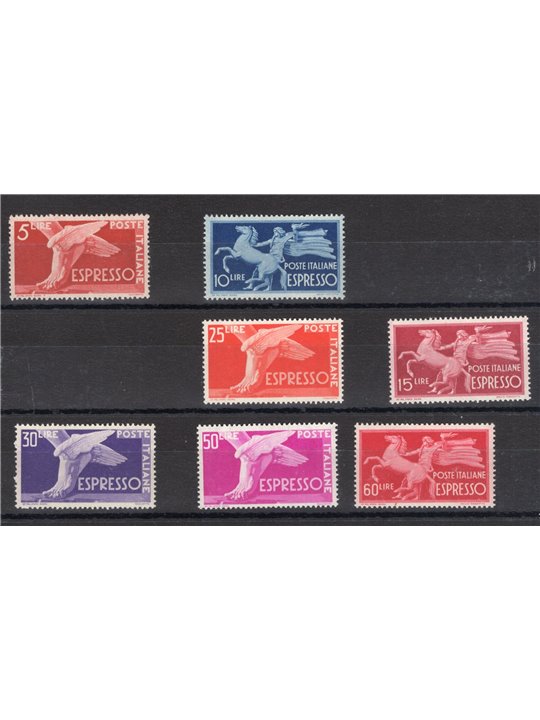 Italy 1946/52 Democratic Expresses excellent centring series no. 25/31 Biondi Certificate Cat. €300 (**)