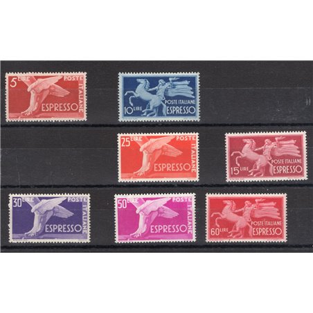 Italy 1946/52 Democratic Expresses excellent centring series no. 25/31 Biondi Certificate Cat. €300 (**)