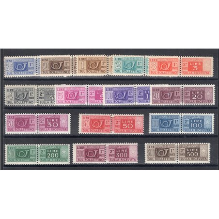 Italia 1946/51 Pacchi postali corno di posta filigrana ruota serie n° 66/80 Cert. Chia Cat. € 2.150 (**)