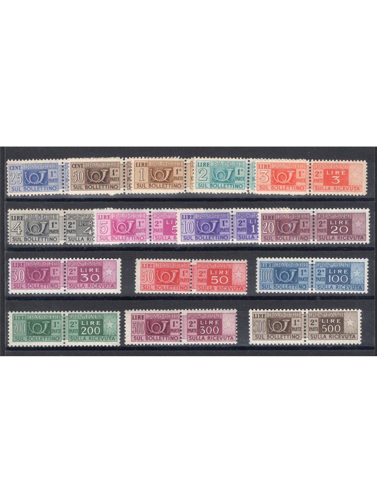 Italy 1946/51 Postal parcels ‘post horn’ watermark with wheel series no. 66/80 certified by Chia catalogue price €2,150 (**)