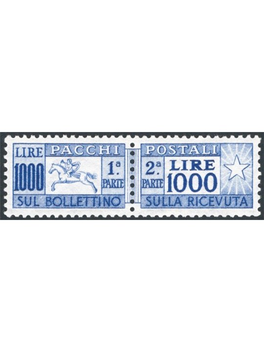Italia 1954 Pacchi postali Cavallino 1.000 £ dent. 13¼ a pettine con ottima centratura n° 81 Cert. CiBaFil Cert. L. Raybaudi Cat