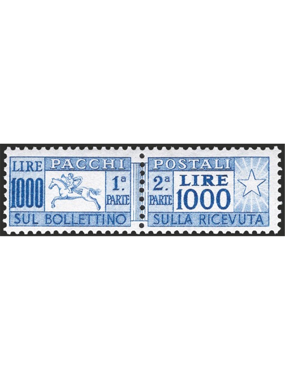 Italia 1954 Pacchi postali Cavallino 1.000 £ dent. 13¼ a pettine n° 81 Cert. CiBaFil Cat. € 4.500 (**)