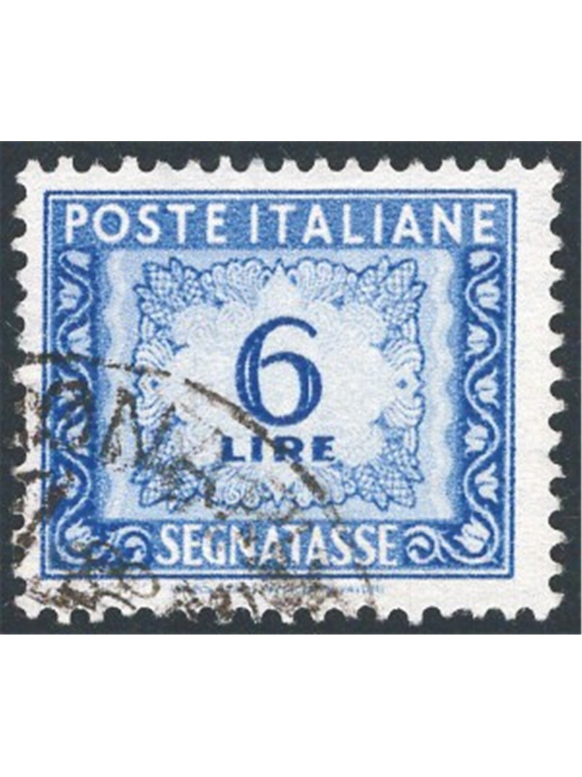 Italia 1947 Segnatasse cifra 6 £ oltremare con posizione di filigrana “DA” n° Sass. Spec. n° 6. Firm. Chia Cert. CiBaFil Cat. € 