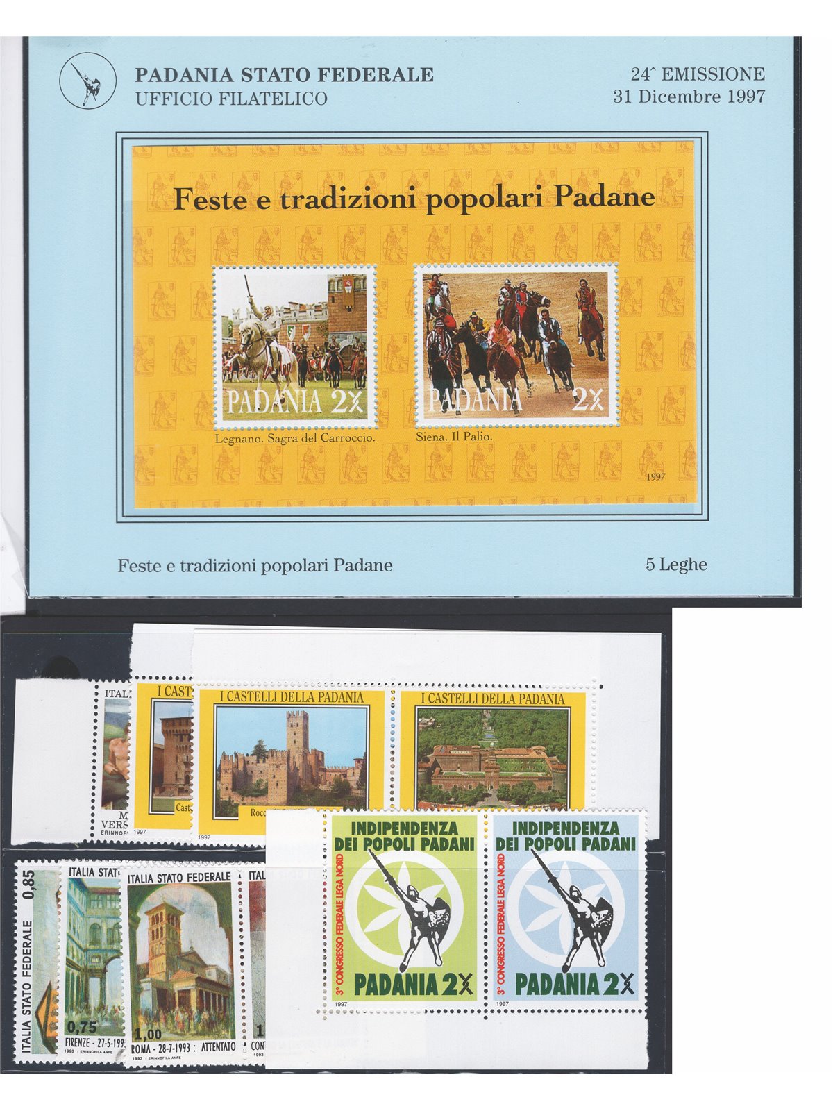 Italy 1993/97 Lega Nord private issues: a set of issues from the period comprising the first issue booklet miniature sheet and 1