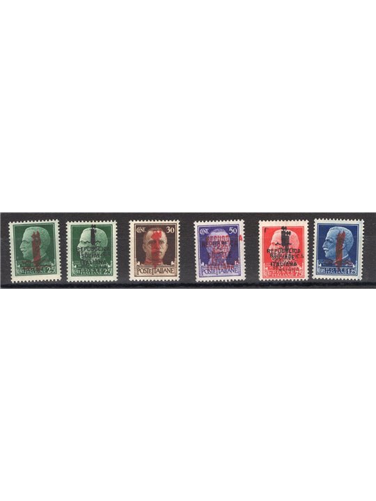 1944 RSI Imperiale con soprast. "k" "l" ed "m" doppie serie n° 490b/495b Cert. Biondi Cat. € 750 (*)