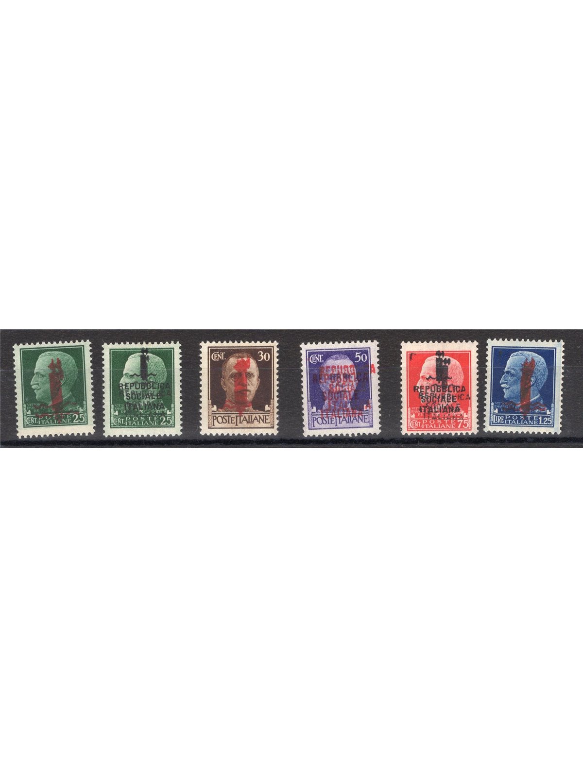 1944 RSI Imperial with overprint ‘k’ ‘l’ and ‘m’ (double series) No. 490b/495b Biondi Certificate Cat. €750 (*)