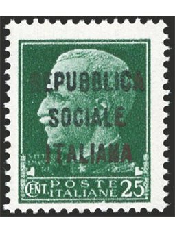 1944 RSI Imperiale 25 c. green with ‘m’-type overprint in black 490c Biondi certified Cat. €13,000 (**)