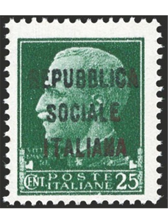 1944 RSI Imperiale 25 c. verde con soprast. tipo "m" in nero 490c Cert. Biondi Cat. € 13.000 (**)